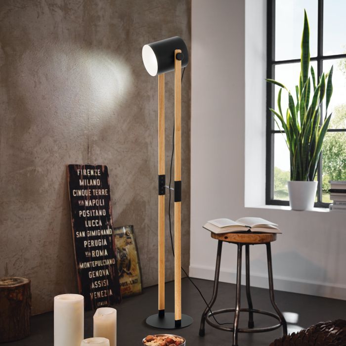 EGLO - Black-Cream-Wood 'Hornwood' Floor Lamp