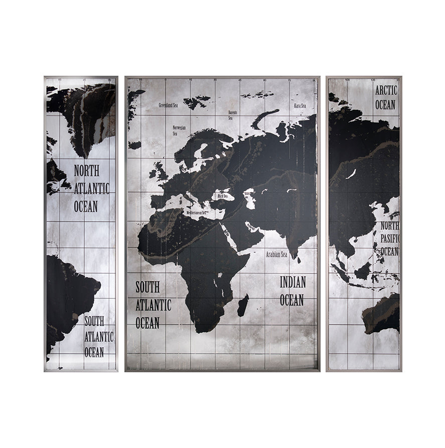 Wall Art World Map Black & White - 3 Pieces Set